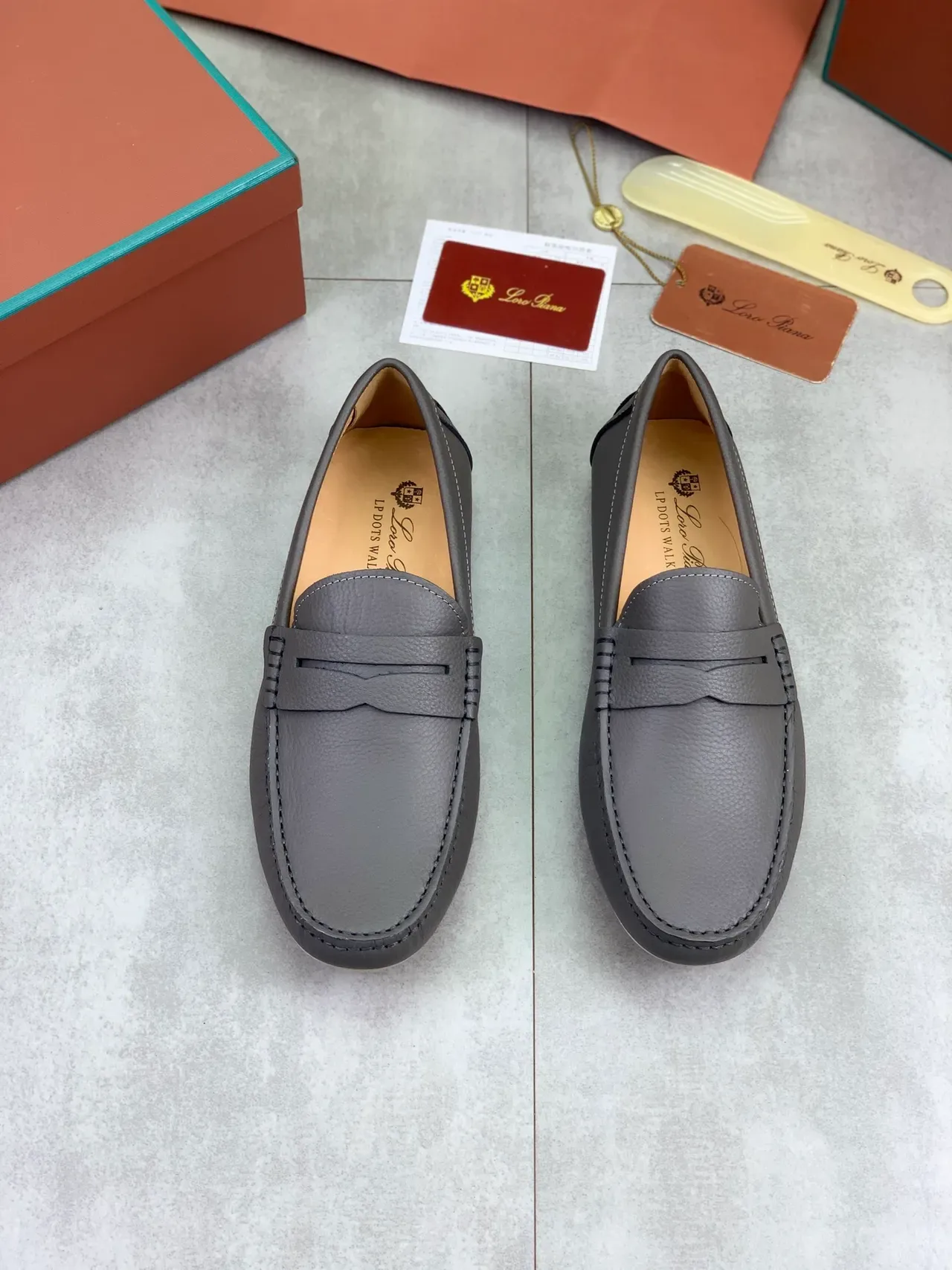 Gray Pebbled Leather Penny Strap Loafers 4