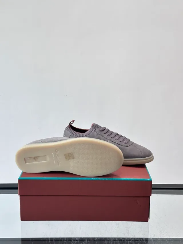 Gray Suede Knit-Collar Low-Top Lace-Up Sneakers 2