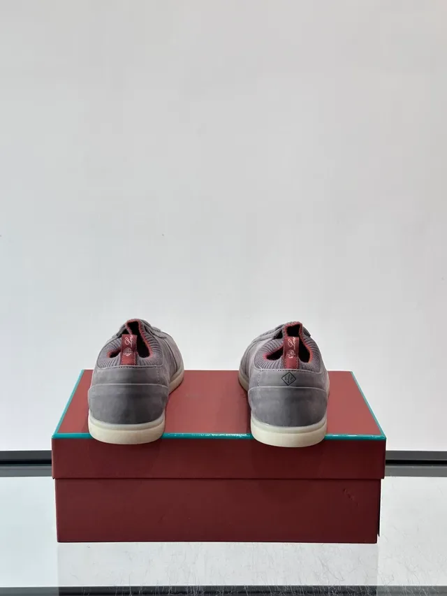 Gray Suede Knit-Collar Low-Top Lace-Up Sneakers 3