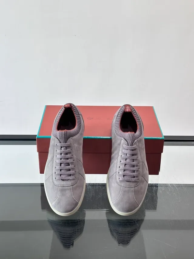 Gray Suede Knit-Collar Low-Top Lace-Up Sneakers 4