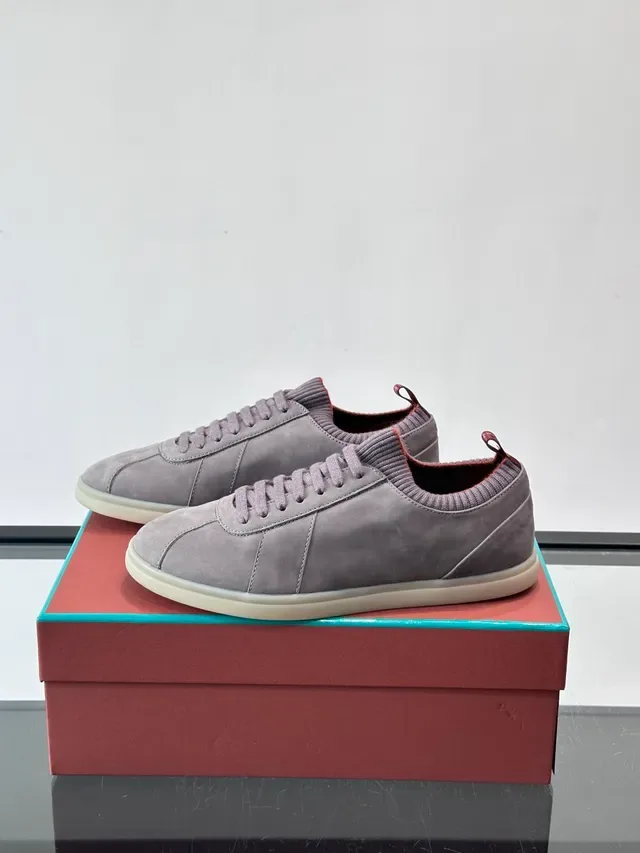 Gray Suede Knit-Collar Low-Top Lace-Up Sneakers 5