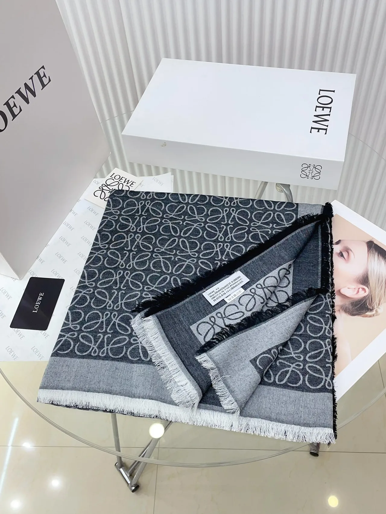 Gray White Monogram-Printed Fringed Edges Scarve 5