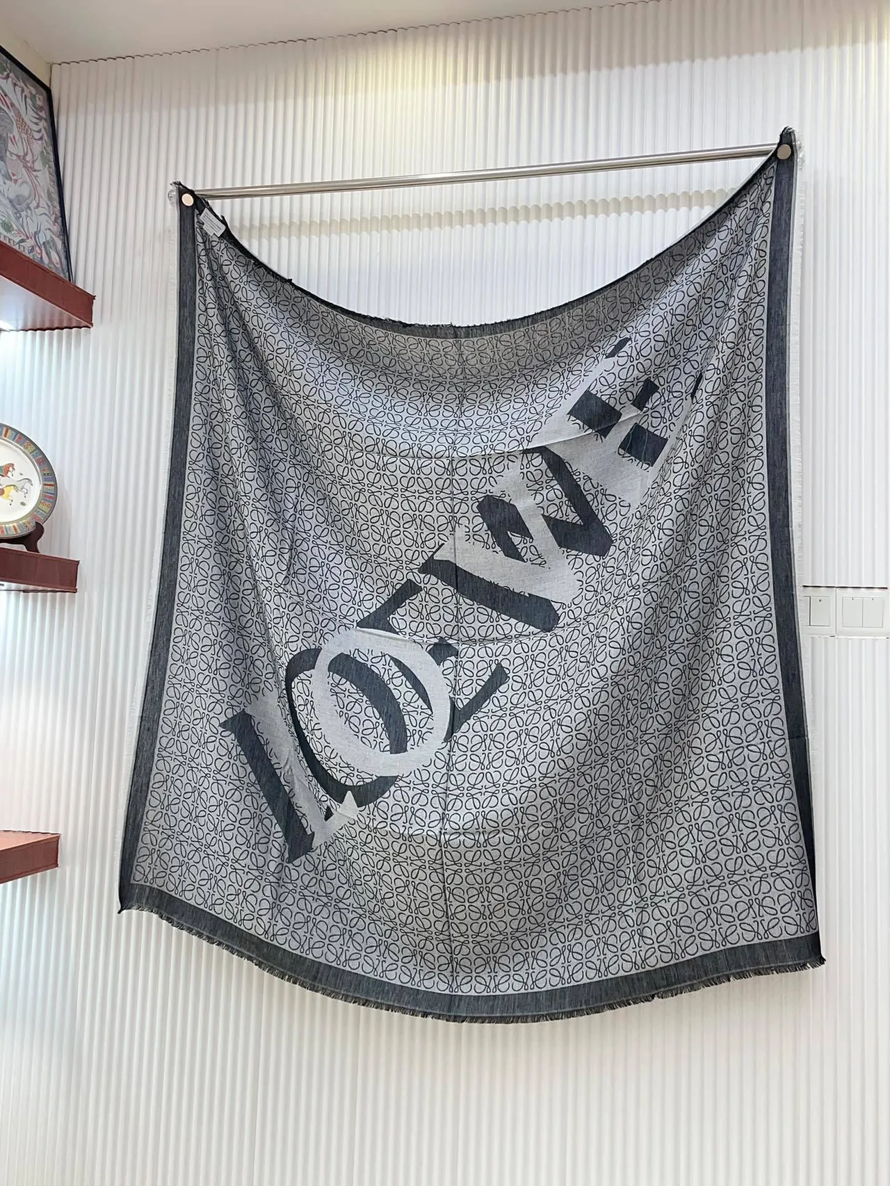 Gray White Monogram-Printed Fringed Edges Scarve 6