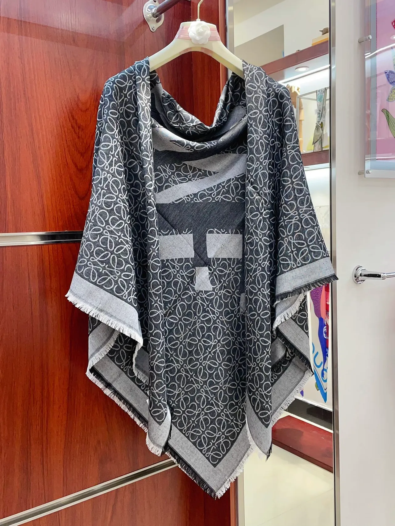 Gray White Monogram-Printed Fringed Edges Scarve 7
