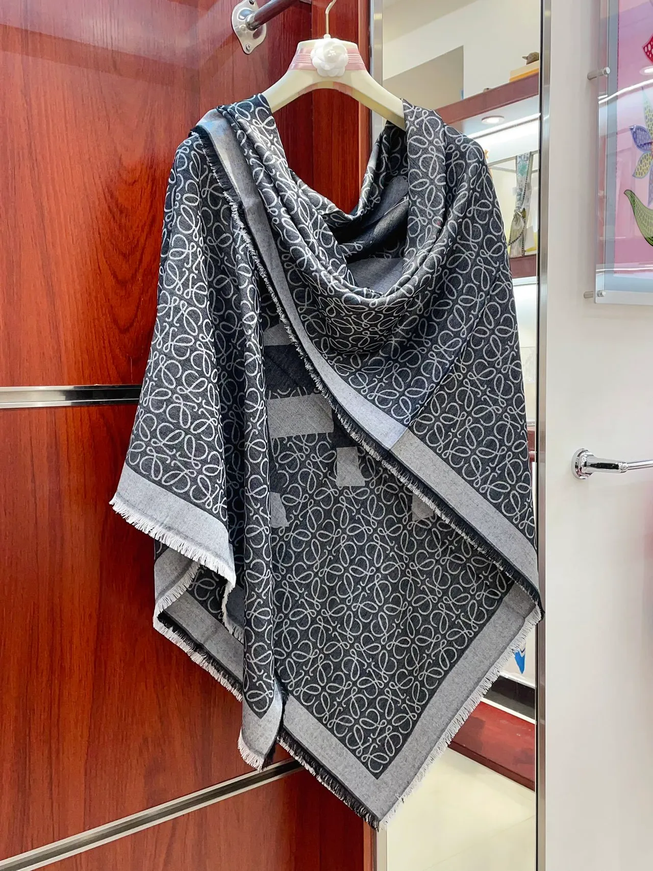 Gray White Monogram-Printed Fringed Edges Scarve 8