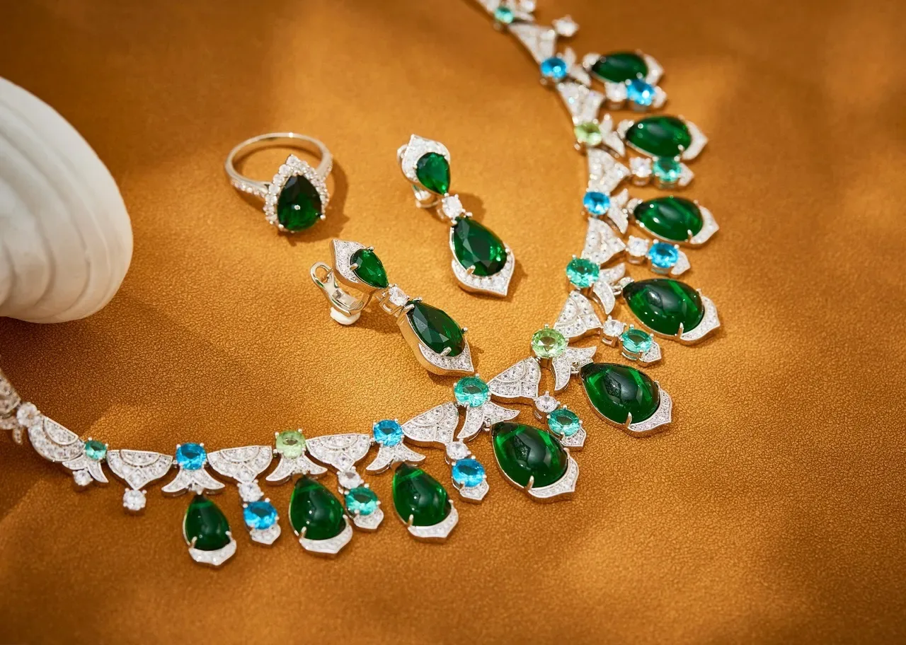 Green Blue Floral-Motif Collar Teardrop Gemstone Drops Necklace 6