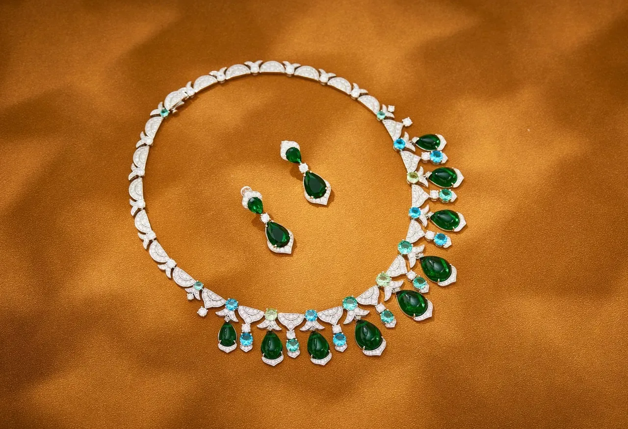 Green Blue Floral-Motif Collar Teardrop Gemstone Drops Necklace 8