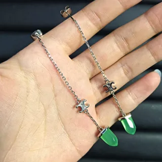 Green Silver Chain-Link Drop Teardrop Stone Earrings