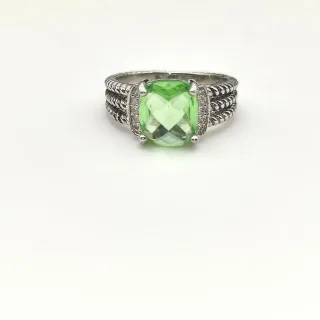 Green Silver Cushion-Cut Gemstone Triple Braided Band Ring