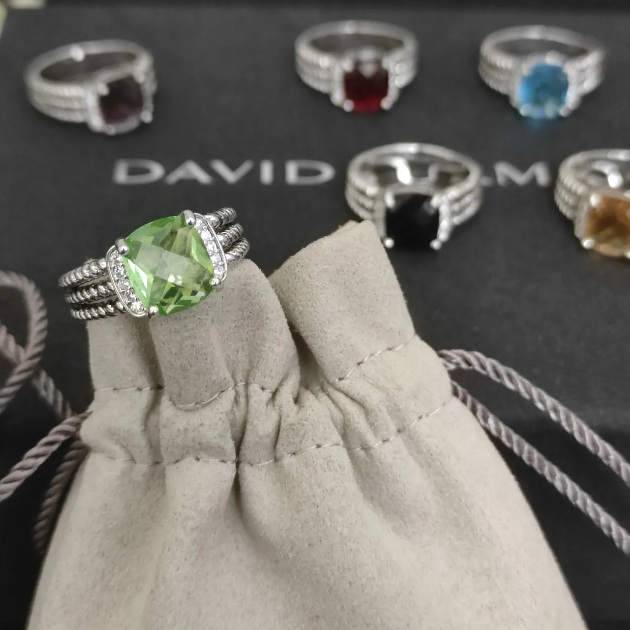 Green Silver Cushion-Cut Gemstone Triple Braided Band Ring 3