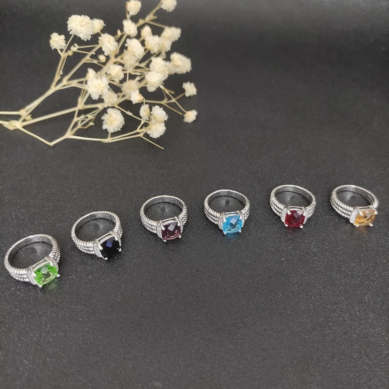 Green Silver Cushion-Cut Gemstone Triple Braided Band Ring 7