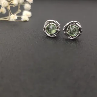 Green Silver Faceted Square-Cut Stone Textured Rope-Edge Bezel Earrings