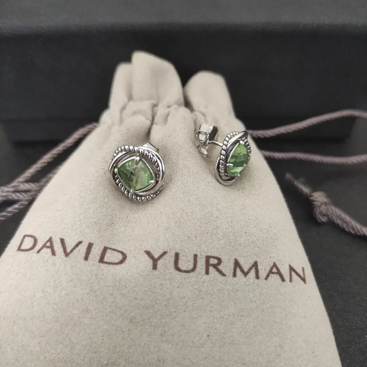 Green Silver Faceted Square-Cut Stone Textured Rope-Edge Bezel Earrings 2