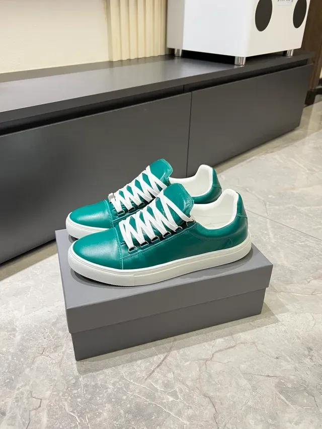 Green White Leather Upper Flat Cupsole Sneakers 5