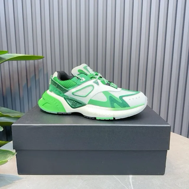 Green White Sculpted Sole Layered Synthetic Overlays Chunky Sneakers 2