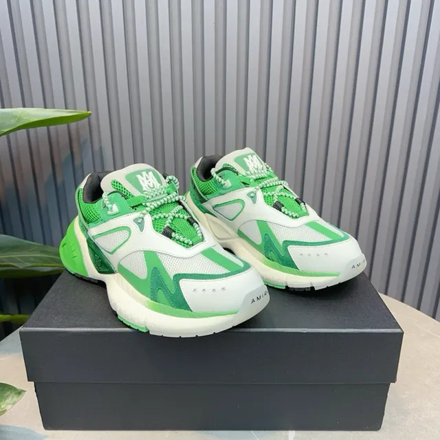 Green White Sculpted Sole Layered Synthetic Overlays Chunky Sneakers 9