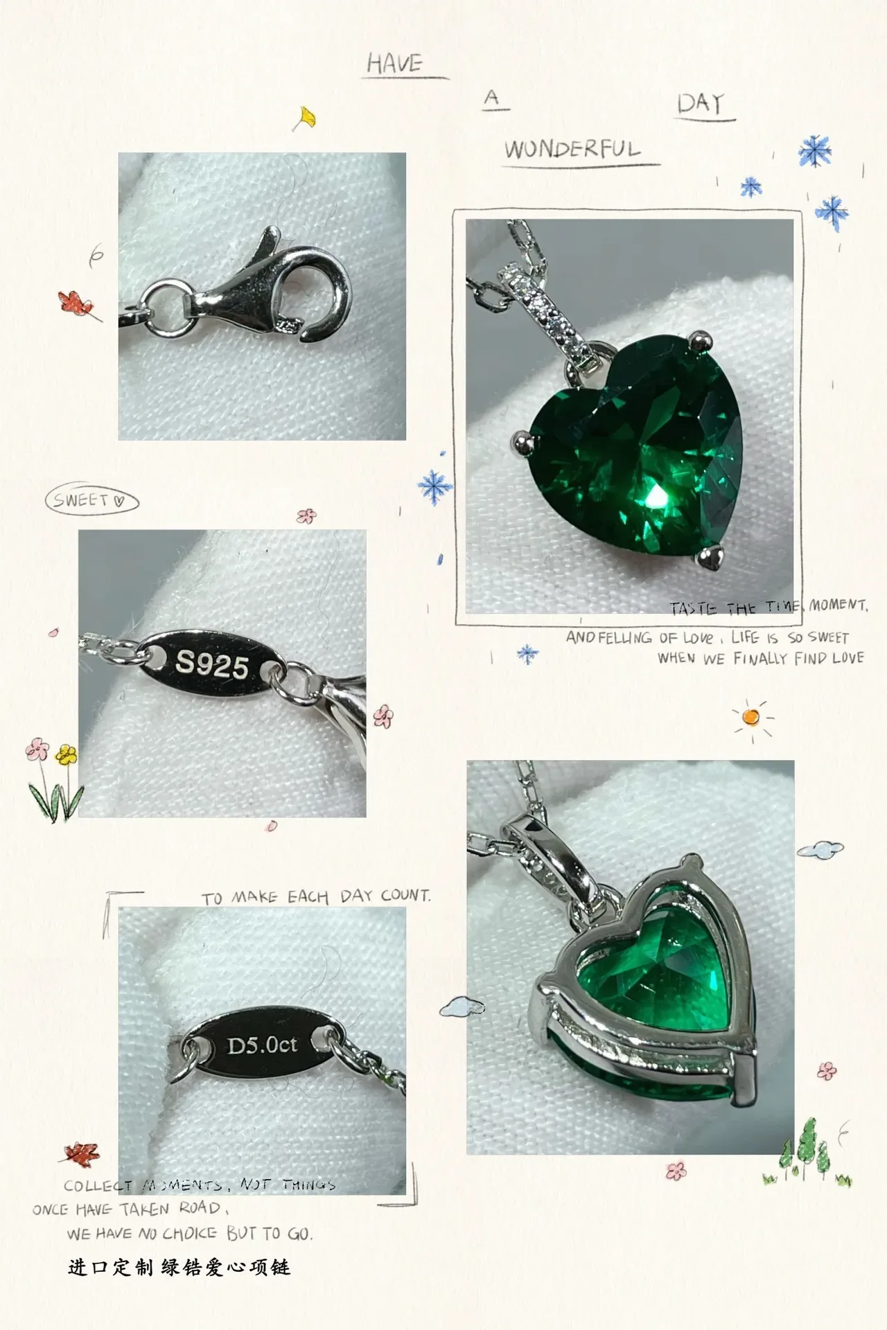 Green Yellow Heart-Shaped Gemstone Pendants Prong-Set Stones Necklace 3