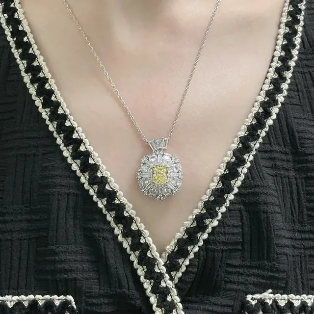Halo-Set Yellow Gemstone and White Stone Pendant Necklace 9