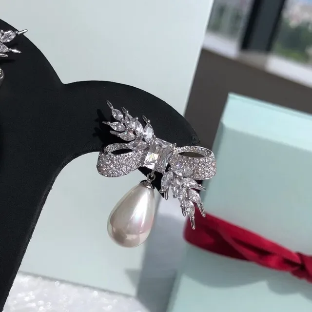 HEFANG Bow-and-Leaf Crystal Pearl Drop Earrings 6