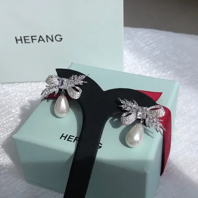 HEFANG Bow-and-Leaf Crystal Pearl Drop Earrings 7