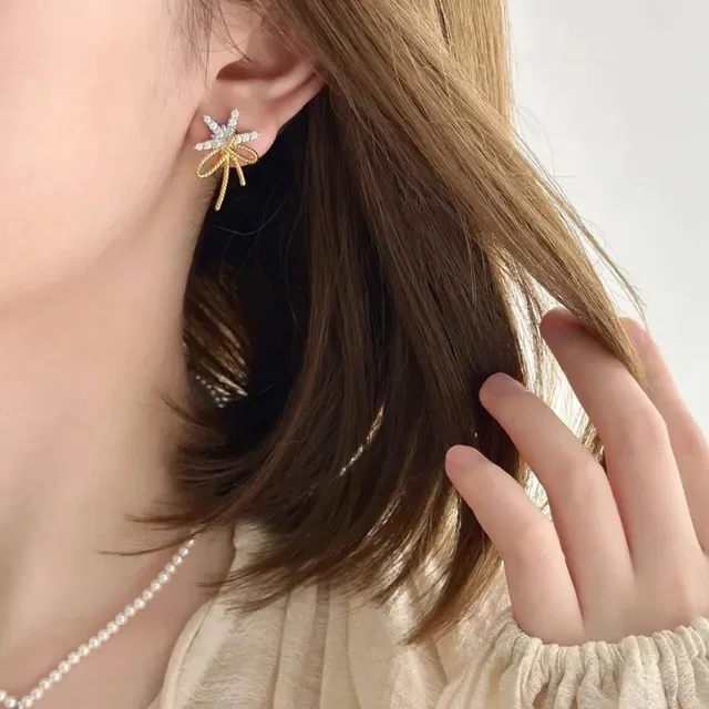 HEFANG Bow and Star Crystal Rose Gold Stud Earrings 2