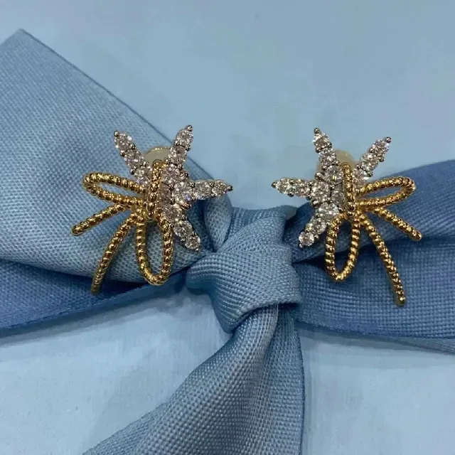 HEFANG Bow and Star Crystal Rose Gold Stud Earrings 5