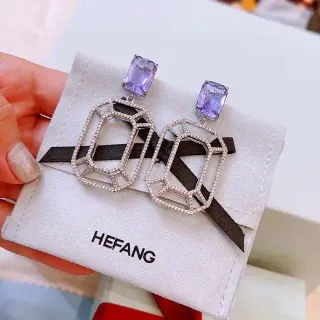 HEFANG Geometric Pavé Crystal and Purple Gemstone Dangling Earrings