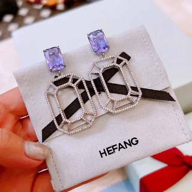HEFANG Geometric Pavé Crystal and Purple Gemstone Dangling Earrings 5
