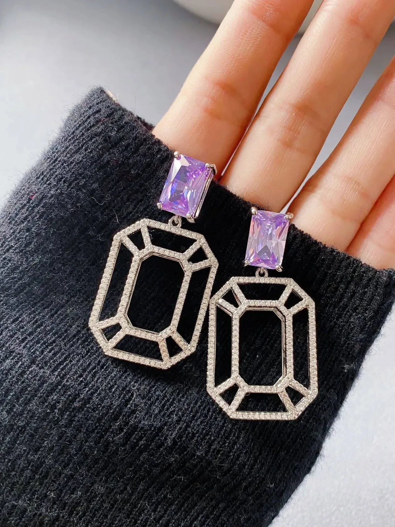 HEFANG Geometric Pavé Crystal and Purple Gemstone Dangling Earrings 6