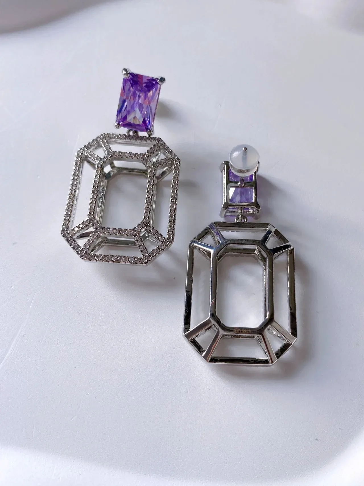 HEFANG Geometric Pavé Crystal and Purple Gemstone Dangling Earrings 7