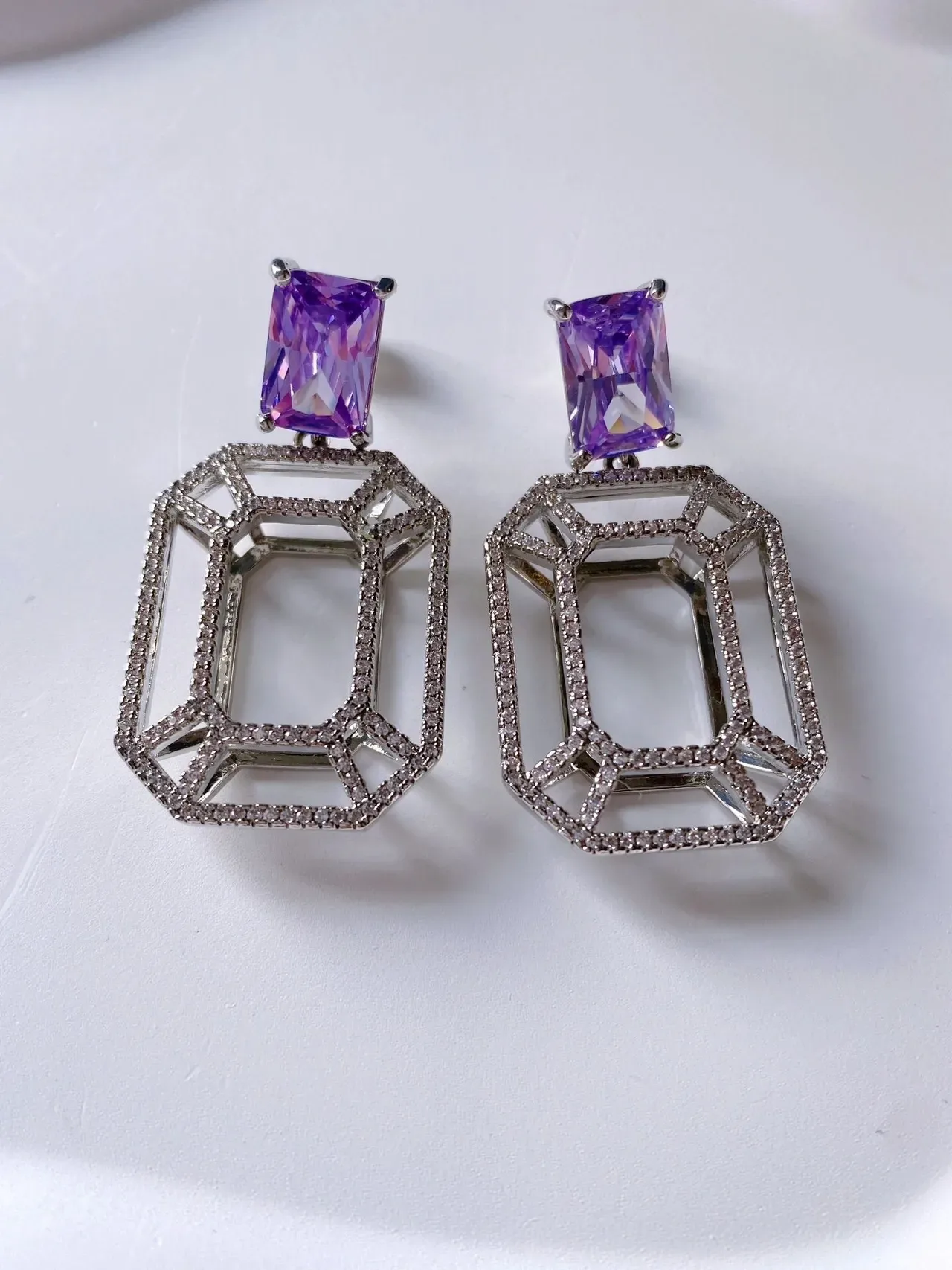 HEFANG Geometric Pavé Crystal and Purple Gemstone Dangling Earrings 9