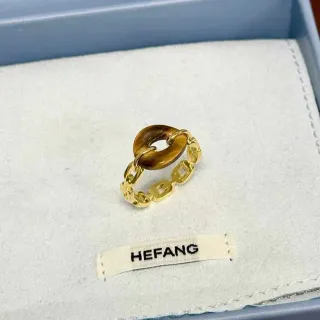 HEFANG Gold Brown Chain-Link Band Tiger's Eye Oval Stone Ring