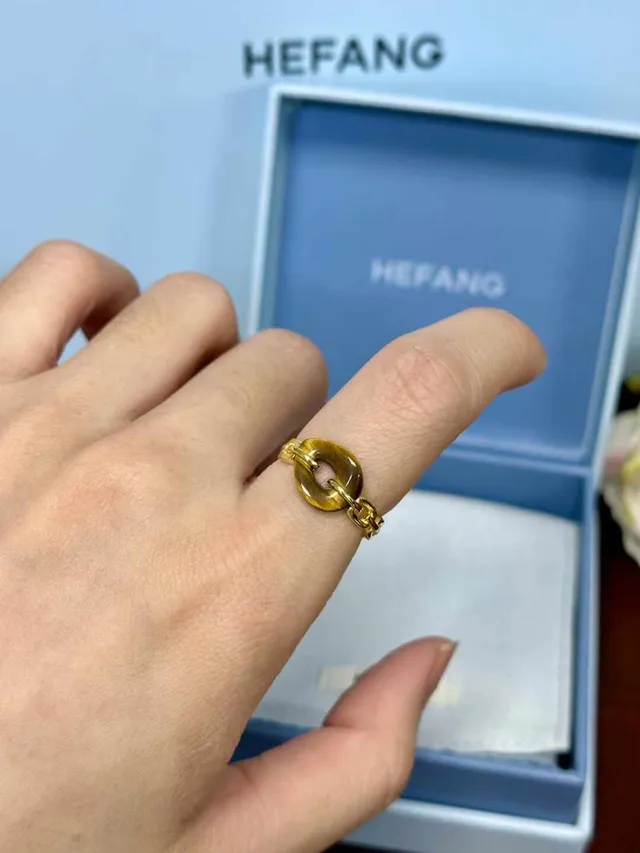 HEFANG Gold Brown Chain-Link Band Tiger's Eye Oval Stone Ring 3