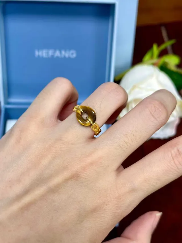 HEFANG Gold Brown Chain-Link Band Tiger's Eye Oval Stone Ring 4