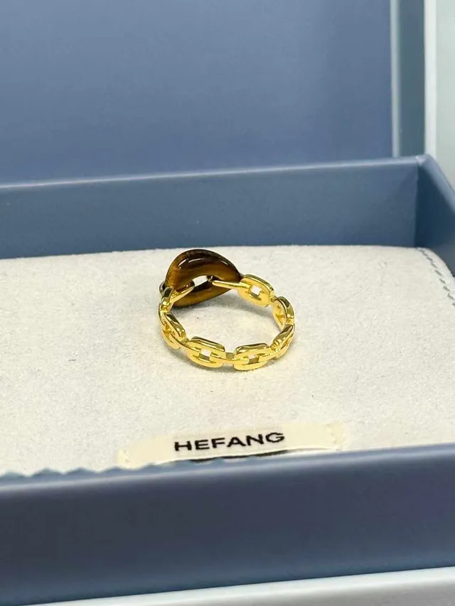 HEFANG Gold Brown Chain-Link Band Tiger's Eye Oval Stone Ring 5