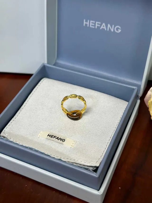 HEFANG Gold Brown Chain-Link Band Tiger's Eye Oval Stone Ring 7