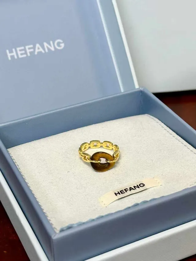 HEFANG Gold Brown Chain-Link Band Tiger's Eye Oval Stone Ring 8