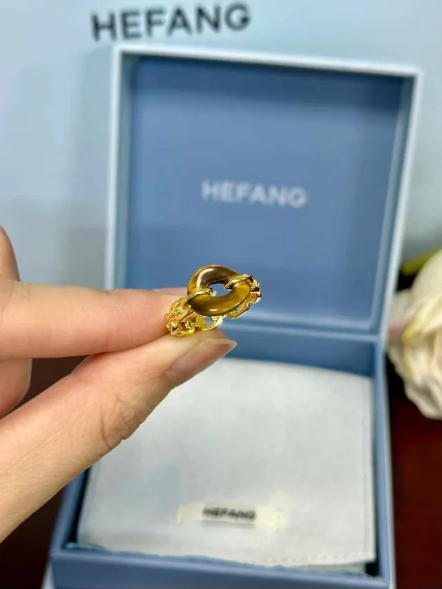 HEFANG Gold Brown Chain-Link Band Tiger's Eye Oval Stone Ring 9