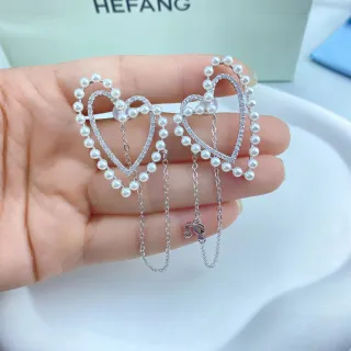 HEFANG Heart-Shaped Pearl and Crystal Dangling Earrings