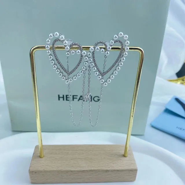 HEFANG Heart-Shaped Pearl and Crystal Dangling Earrings 8