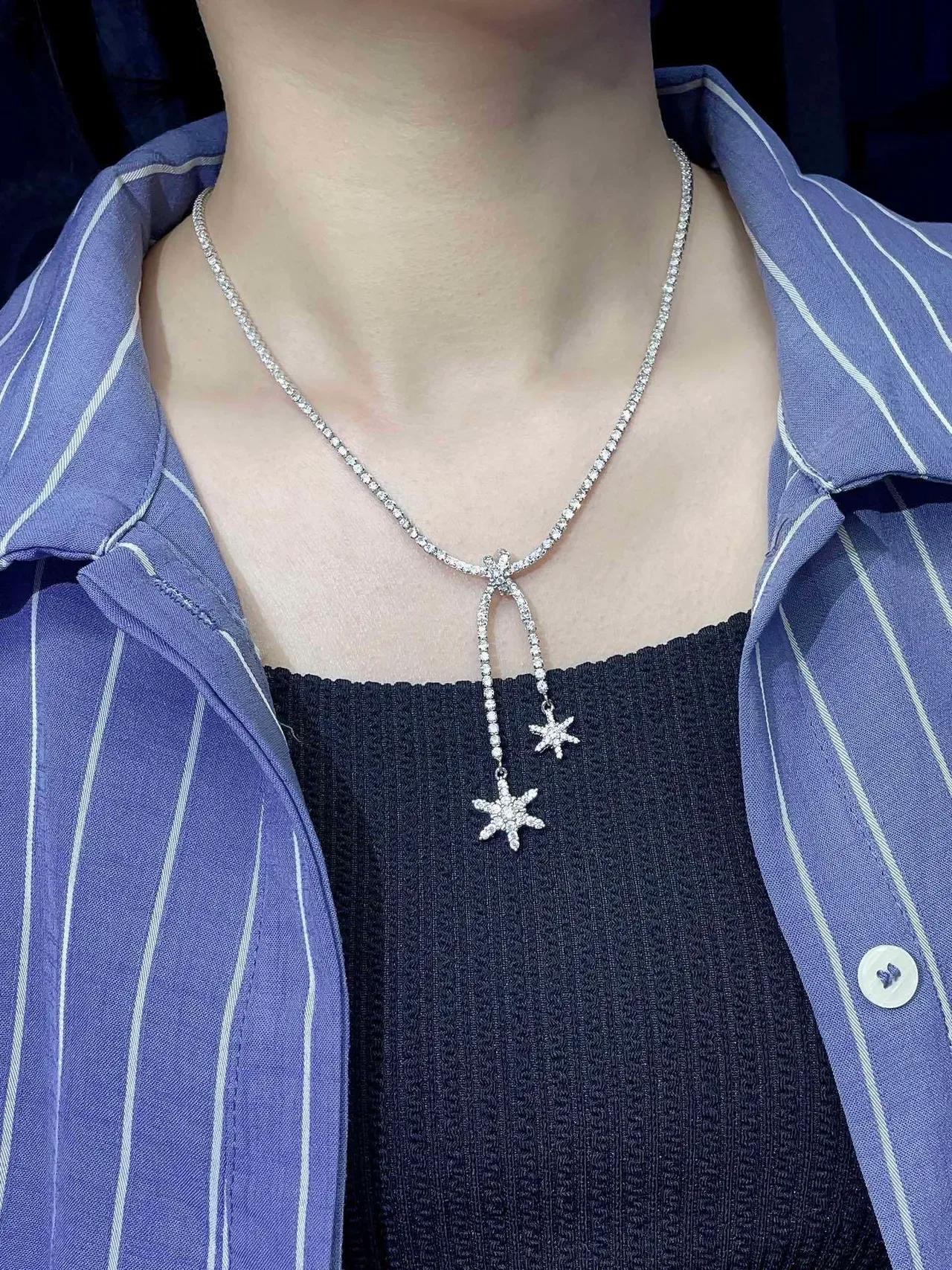 HEFANG Pavé Crystal Chain Dual Star Pendant Necklace 2