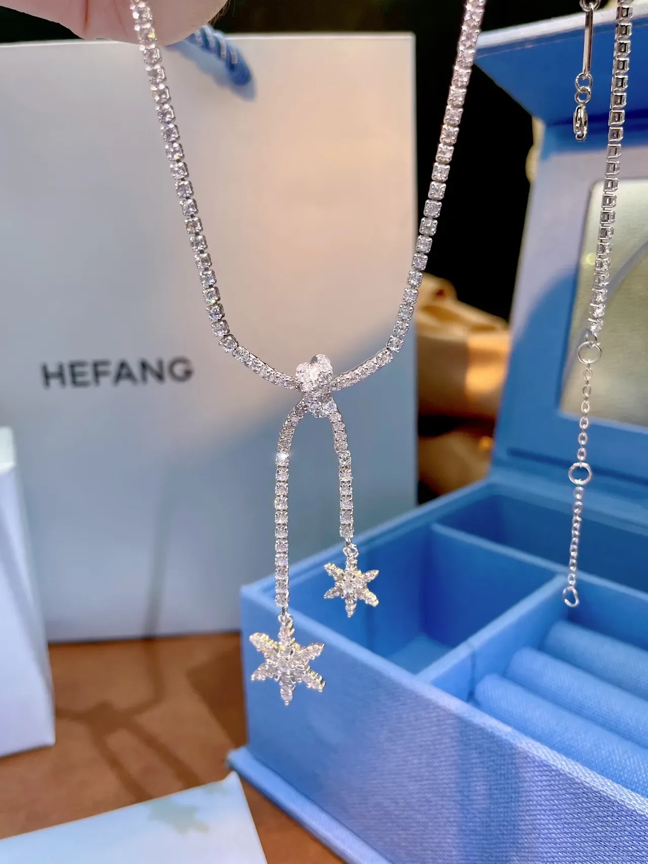 HEFANG Pavé Crystal Chain Dual Star Pendant Necklace 7