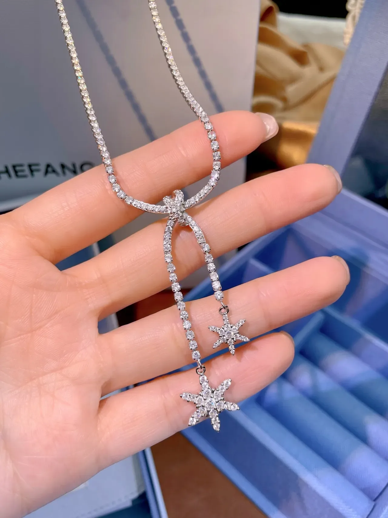 HEFANG Pavé Crystal Chain Dual Star Pendant Necklace 8