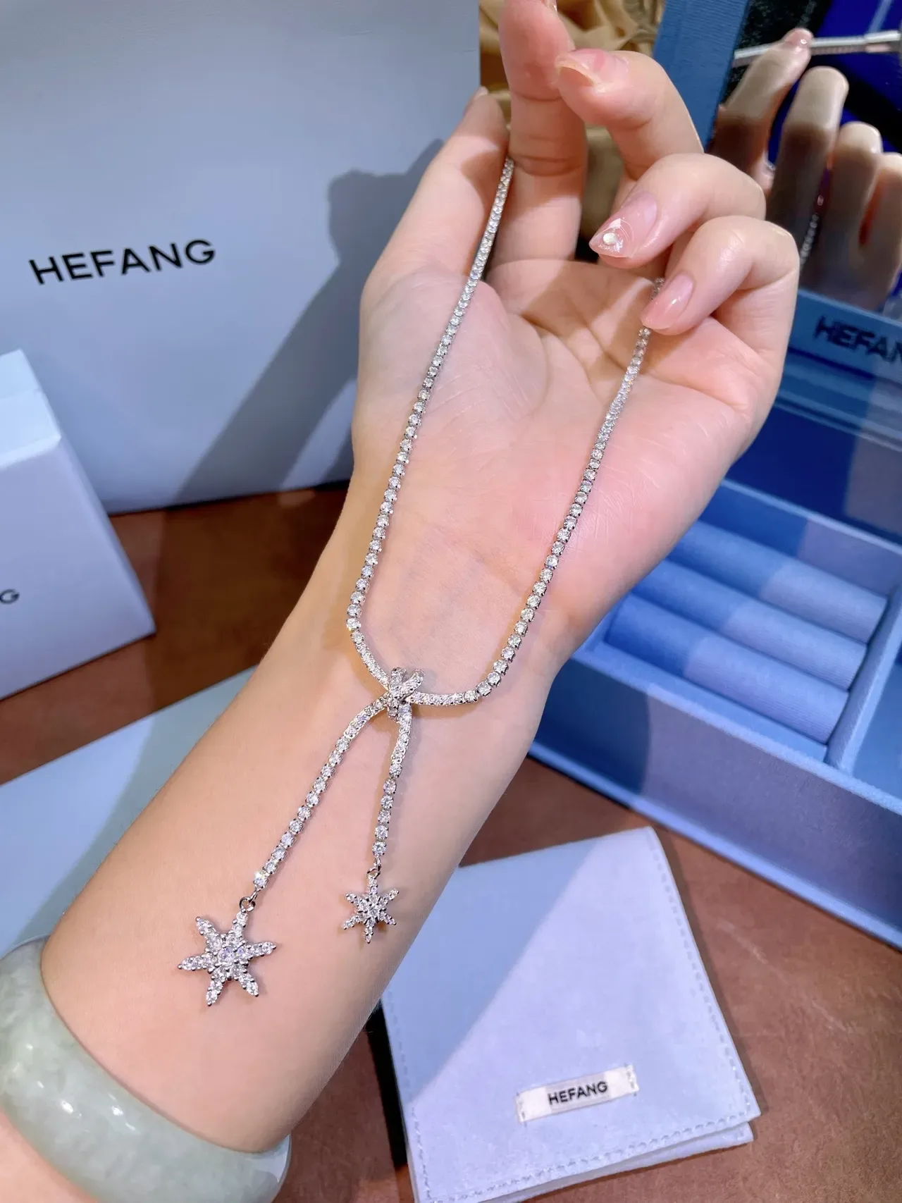 HEFANG Pavé Crystal Chain Dual Star Pendant Necklace 9