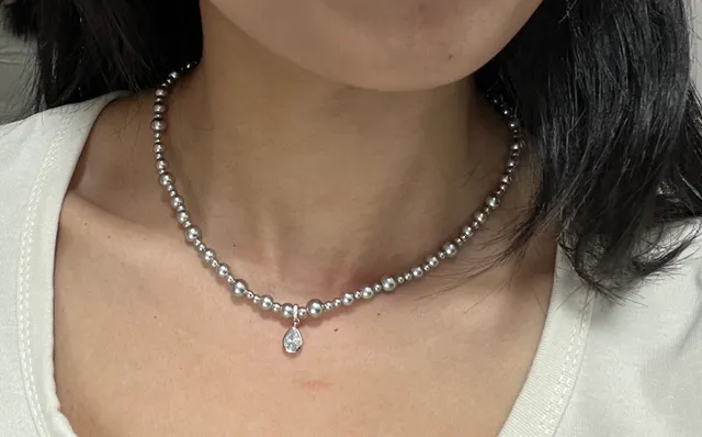 HEFANG Silver Beaded Choker Graduated Sphere Beads Necklace 2
