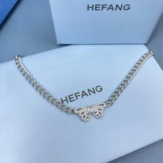 HEFANG 银色曲环链蝴蝶镶钻吊坠项链