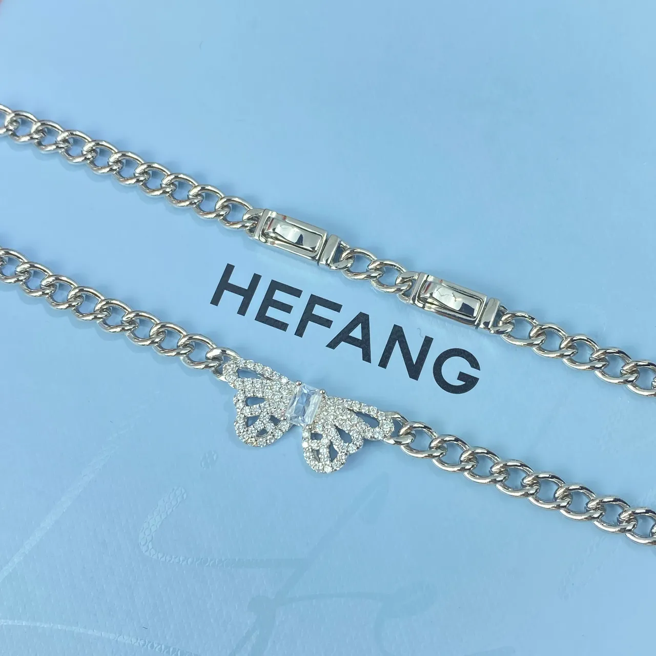HEFANG Silver Curb Chain Butterfly Pavé Pendant Necklace 4
