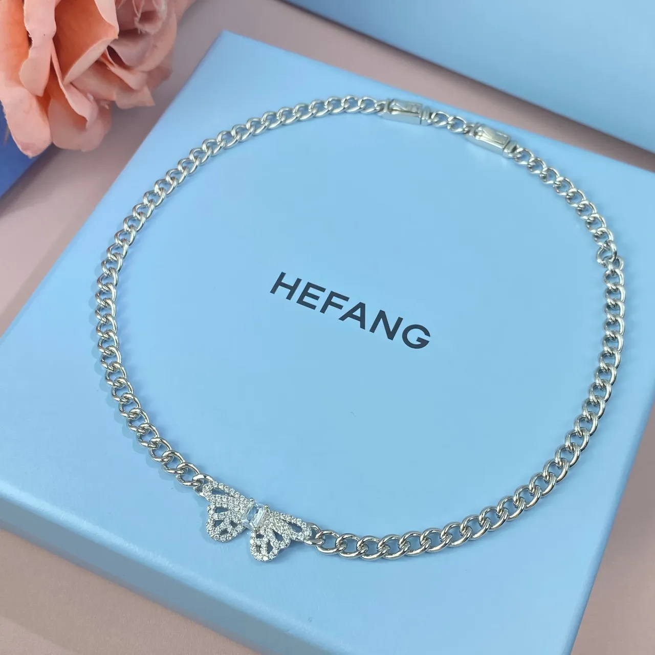 HEFANG Silver Curb Chain Butterfly Pavé Pendant Necklace 7