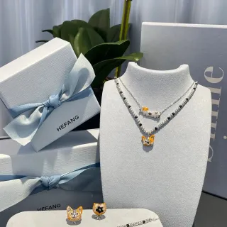 HEFANG Collier Chaîne Perles Émaillé Thème Animal Argent Orange