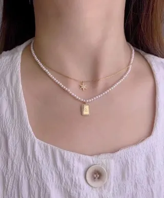 HEFANG White Gold Pearl Strand Rectangular Pavé-Edged Pendant Necklace 5